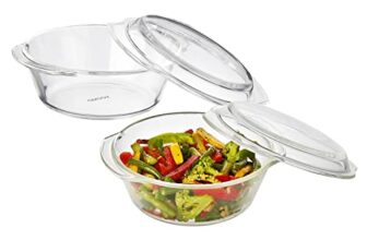 Amazon Brand – Solimo Borosilicate Glass Casserole-Cum-Serving Bowl with Lid | Oven & Microwave Safe | Deep Round | 1 L | Transparent