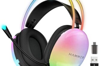 HAMMER Blaze Wired Gaming Headphones with Mic, Over Ear Headset Wired with 50mm Drivers, Full RGB Lights, Adjustable Headband, Breathable Over Ear Cushions, 1.5m USB Cable, Black