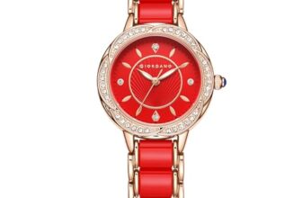 Giordano Flower Case Watch for Women with Crystal-Studded Bezel, Diamond Hour Markers & Dual Tone Stainless Strap (Red)