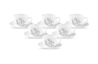 La Opala Diva, Pearl Collection Opal Glass Crockery | Cup & Saucer, Set of 12 | Dusky Vines, 160 ml | for Tea & Coffee | Microwave Safe | 100% Vegetarian | Extra Strong | Super Light | Super White