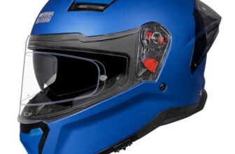 STUDDS Helios ISI and DOT Certified Full Face Helmet with Antifog 100 Lens, Sporty Spoiler (MATT Blue – XL)
