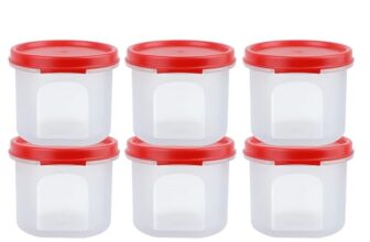 SIMPARTE Smart Slim Storage Air-Tight & Leak Resistant Round Modular Container for Juice, Snacks, Spices, Condiments, Dry Fruits, Stackable, BPA Free, Refrigerator Safe (250ml, Set of 6, Red)
