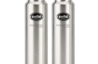 CELLO Crysta Stainless Steel Water Bottle for Daily Use Set of 2 Pcs Silver, 1000 ml | Single Wall, Rustproof & Leakproof, Fridge Safe | Stainless Steel Water Bottle for Kids, Office, Travel, Picnic