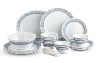 CELLO Aurum Imperial Plus Series Opalware Dinner Set of 33 Pieces for Family of 6 | Bone-Ash Free & Leadfree Opal Glass Microwave & Dishwasher Safe Crockery Plates & Bowls Set for Daily Use & Gifting