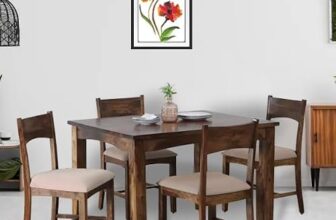 EXCEL HOME 4 Seater Wooden Dining Set, Grey Upholstered Chairs, Modern Kitchen Furniture