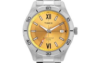 TIMEX Analog Watch for Men with Yellow Dial & Silver Stainless Steel Bracelet Band – Water Resistant Men’s Wrist Watches -TWEG295SMU03