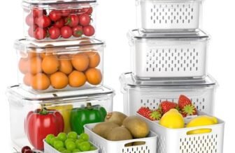 hago Fridge Storage Containers with Drain Basket (4-Piece Set) | BPA-Free Refrigerator Organizer Boxes for Vegetables & Fruits | Stackable Kitchen Storage Containers (600ml, 1400ml, 2600ml, 4500ml)
