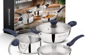 Bergner Essential Plus Stainless Steel 5 Pcs Cookware Set – 22cm/2.5L Kadai with Lid, 22cm Frypan, 16cm/1.5L Saucepan with Lid, Sturdy Bakelite Handles, Even Heating, Thick Triply Bottom