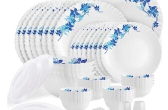 Cello Opalware Dazzle Series Blue Swirl Dinner Set, 49Pcs | Opal Glass Dinner Set for 8 | Light-Weight, Daily Use Crockery Set for Dining | White Plate and Bowl Set