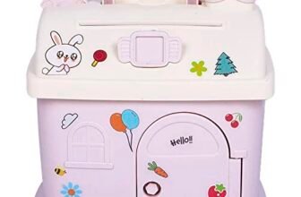 WISHKEY House Shaped Kids Piggy Bank with Lock & Key, Coin and Cash Saving Box, DIY Stickers, Portable Handle, Durable ABS Plastic Gift for Boys & Girls Pink