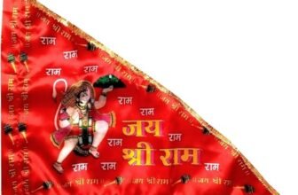 Shevin® Red Hanuman Ji Flag for Home Temple Jai Shree Ram Jhanda Triangle Outdoor/indoor with Gota Work Pataka for Home Navratri Dhwaj Pack of 1 Piece ||SC474