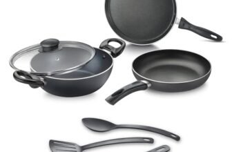 Judge by Prestige ACE Aluminium Non-Stick cookware BYK Set-Tawa 25cm-1U, Fry Pan 20cm-1U, Kadai 20cm-1U with Lid-1U + 3U Nylon Tools|Black