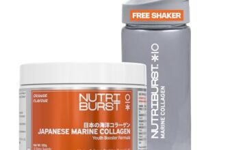 Nutriburst Japanese Marine Collagen Powder 100g with Free Shaker | Marine Collagen Peptides Type I & III with Hyaluronic Acid | 8 g High Absorption Collagen | Orange Flavour | Supports Skin Radiance, Hair, Nails & Joint Health | For Men and Women
