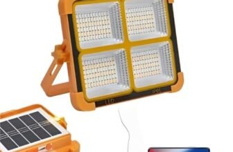 Solar Rechargeable LED Flood Light, Portable Camping Work Light with Solar Panel & USB Charging, 5 Lighting Modes, Adjustable Stand , Fishing, Hiking, Hurricane & Power Cut