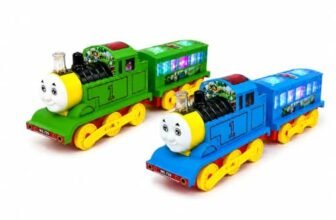 Playmint Colorful LED Light-Up Toy Train for Kids, Battery Operated Train Toy with Flashing Lights & Realistic Sounds, Engine with Coach, Moving Wheels Indoor Play Toy for Boys & Girls