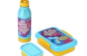 CELLO Lunch On Disney Pricess Design Kids Combo Set Yellow | Inner Compartment Lunch Box with Insulated Water Bottle Leak Proof Airtight Lightweight Cartoon Print Tiffin Box Bottle Set for School Kids