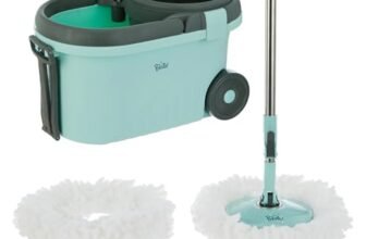 Amazon Brand – Presto! Clean Plastic Spin Mop | Durable Plastic Build with 2 Microfiber Refills | Big Wheels & Drag Handle | 360° Spin Mop with Telescopic Handle | Green