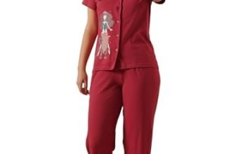 Clovia Women Cotton Printed Night Suit – Button-Down, Maroon, M
