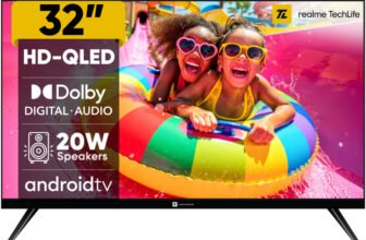 realme TechLife 80 cm (32 inch) QLED HD Ready Smart Android TV with Thunder OS, Live TV, Netflix, 100+ Apps, 20W Speakers, 300 Nits Brightness, Bezel-less Design(32HDSQRWWTQ)