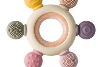 Vyakom Silicone & Wooden Baby Teether for 3+ Months | BPA Free Soft Teething Toy | Safe Teether for Infants | Round Shape | Color – Beige (Round)