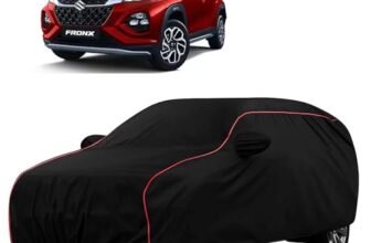 Sulfar 100% Water Resistant Car Body Cover Compatible with Mirror for Maruti Suzuki Fronx (Triple Stitched, Full Bottom Elastic, Black with Red Piping)