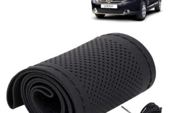 KINGSWAY® PU Leatherite Car Steering Cover Sewable Compatible with Renault Lodgy (Year 2015 Onwards), Black Color with Black Thread, Pack of 1 with Sewing Needle and Thread