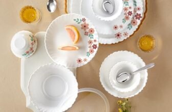 Larah by Borosil Silk Series Ayana Opalware Dinner Set with Steel Spoon | 41 Pcs for Family of 6 | Microwave & Dishwasher Safe | Bone-Ash Free | Crockery Set for Dining & Gifting | Plates & Bowls