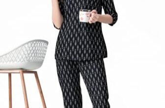 Ichaa Women Cotton Printed Night Wear Top and Bottom Night Suit Set, Black, Medium