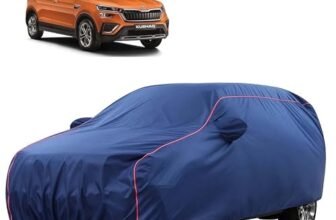 Sulfar 100% Water Resistant Car Body Cover Compatible with Mirror for Skoda Kushaq (Triple Stitched, Full Bottom Elastic, Blue Tafetta with Red Piping)