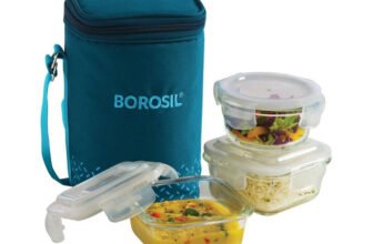 BOROSIL Teal Bag, 3 Pc (320 ml x 2 + 240ml x 1 ), Office Tiifin 3 Containers Glass Office Lunch Box(880 ml)