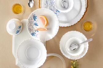 Larah by Borosil Silk Series Twilight Opalware Dinner Set with Steel Spoon | 41 Pcs for Family of 6 | Microwave & Dishwasher Safe | Bone-Ash Free | Crockery Set for Dining & Gifting | Plates & Bowls