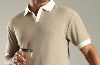 SHINX Solid Men Mandarin Collar Beige T-Shirt