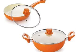NIRLON Ceramic Induction Base Non-Stick Aluminium Fry Pan and Kadhai with Glass Lid – Set of 2 (Orange)