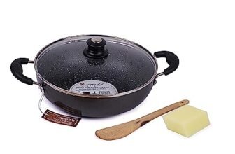 Mumma’s LIFE Non-Stick Deep Kadai with Glass Lid- with Riveted and Virgin Bakelite Handle PFOA/Heavy Metal Free (Induction and Gas Stove Friendly) – (26CM, Grey)