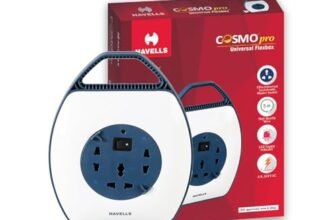 Havells Cosmo Pro 3+1 Reel| Extension Board – 5 Mtr ISI Marked Cable|3 Pin & 2×2 Pins Universal Sockets with Master Switch| LED Indicator| 6A, 240 Volts| Ultra-Smooth Rotation
