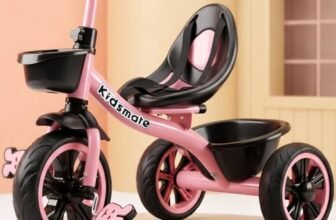Kidsmate Deluxe Kids Tricycle with Adjustable Canopy | Durable Plug & Play Baby Trike Safety Rail & Push Handle for Parents | Safe & Comfortable Ride for Toddlers 12-48 Months