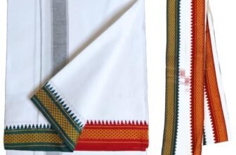 INIDHU Traditional Cotton Dhoti with Angavastram Set, White with Multicolor Border, Ethnic Wear,devotonal purposes,temple wear,Pack of 1 (Combo set)