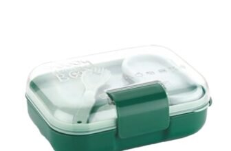 ATTRO Food Bite Kids Plastic Lunch Box – 3 Compartments, 1 Small Container & Spoon, with Stylish Lid BPA-Free, Freezer Safe, Ideal for School, Travel & Outdoor – Green