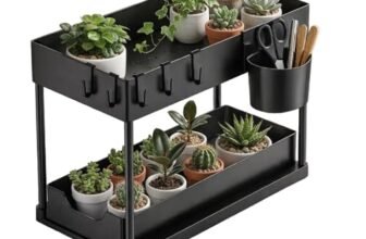 Lifelong 2 Tier Plant Stand Indoor with Storage Tray and Hooks, Black Metal Plant Shelf for Small Potted Plants, Tabletop Organizer Rack for Home Kitchen Office, Space Saving Planter Stand