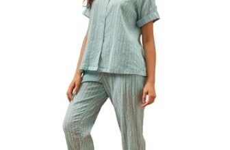 Clovia Women Cotton Night Suit – Button-Down, Green, L