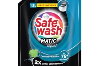 Safewash Top Load Matic Premium Liquid Detergent 1.8 L Refill Pouch with Colour-Protect Technology | 2x Stain Removal | For All Types of Fabrics