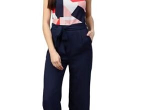 Zima Leto Women’s Geometric Print Sleeveless Jumpsuit – Navy Blue Tie-Waist Casual One-Piece for Office & Outings