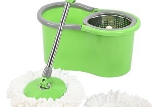 Kuber Industries Plastic Spin Mop with Stainless Steel Wringer | Big Bucket Moppers for Cleaning Floor, 2 Refills | 360° Floor Cleaner Mopping Set for Home & Office | Pocha Stick – (Green)