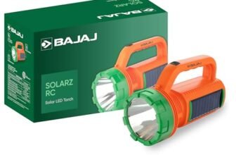Bajaj Solarz Duo Solar RC Torch, Rechargeable LED Lantern, 400 Lumens, 6500K Cool White, Fast Charging, Multi-Mode, Long-Lasting Lithium-Ion Battery, Emergency Light, (Orange, 610066)