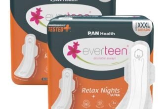 everteen Relax Night 60 XXXL Ultra Thin Sanitary Pads for Women, For Super Heavy Flow with Wider Back, Front to Back Coverage, Upto 12 Hours of Absorption, Maternity Pads, Pack of 2 (410mm)