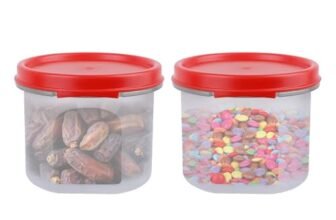 SIMPARTE Smart Slim Storage Air-Tight & Leak Resistant Plastic Round Modular Container for Juice, Snacks, Spices, Dry Fruits, Stackable, BPA Free, Refrigerator Safe (250 ML, Set of 2, Red)
