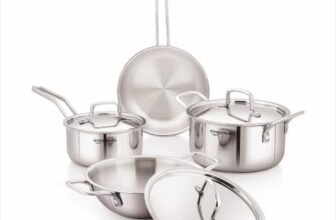 Amazon Basics Triply Stainless Steel Cookware Set 7 Pcs – Deep Kadai(3.4L), Saucepan(1.7L), Casserole(1.8L), Frypan(1.2L) | With 3 Stainless Steel Lids | Dishwasher Safe | Induction and Gas Compatible