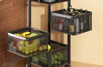 Homeor Multi-Purpose Mesh Rotating Trolley Storage Organizer & Kitchen Accessories Items for Kitchen Storage Rack Design for Fruits & Vegetable, 3 Layer, Black, Square – Metal