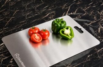 GharNestStainless Steel Cutting Board with Handle, 32 x 21.5 cm, Scratch Resistant, Anti-Slip, Hygienic for Vegetables, Fruits & Meat (Medium)
