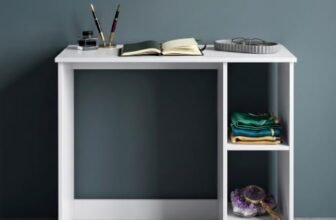 Andca Luna Compact Study Table & Vanity Desk with 2-Tier Side Shelves – Modern Space-Saving Workstation for Bedroom | Premium Engineered Wood, Frosty White (80 x 40 x 75 cm)